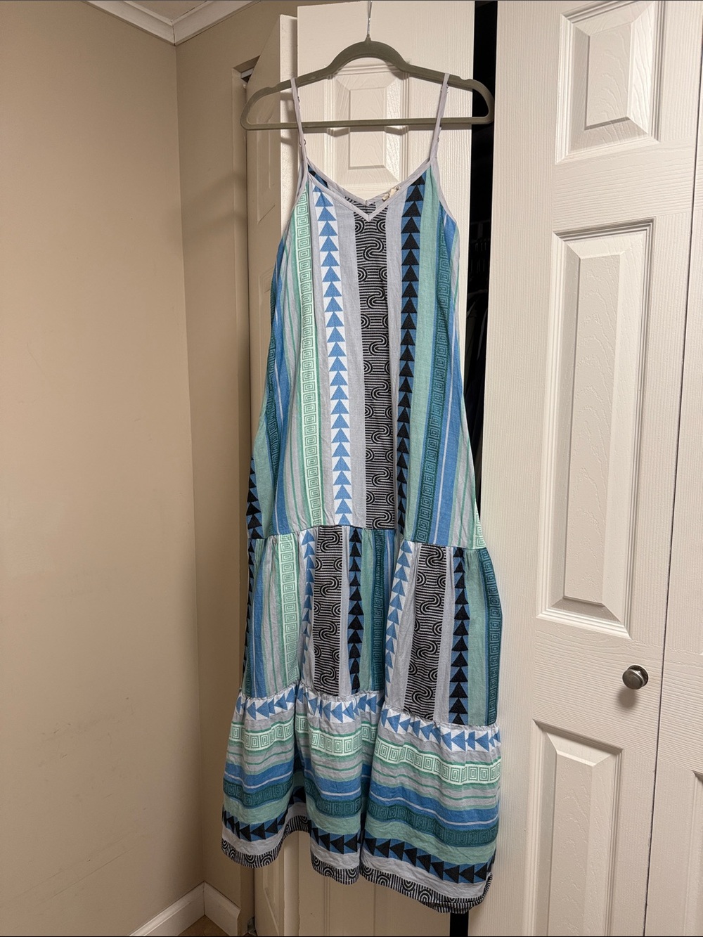 Elan Blue & Green Striped Geometric Maxi Dress